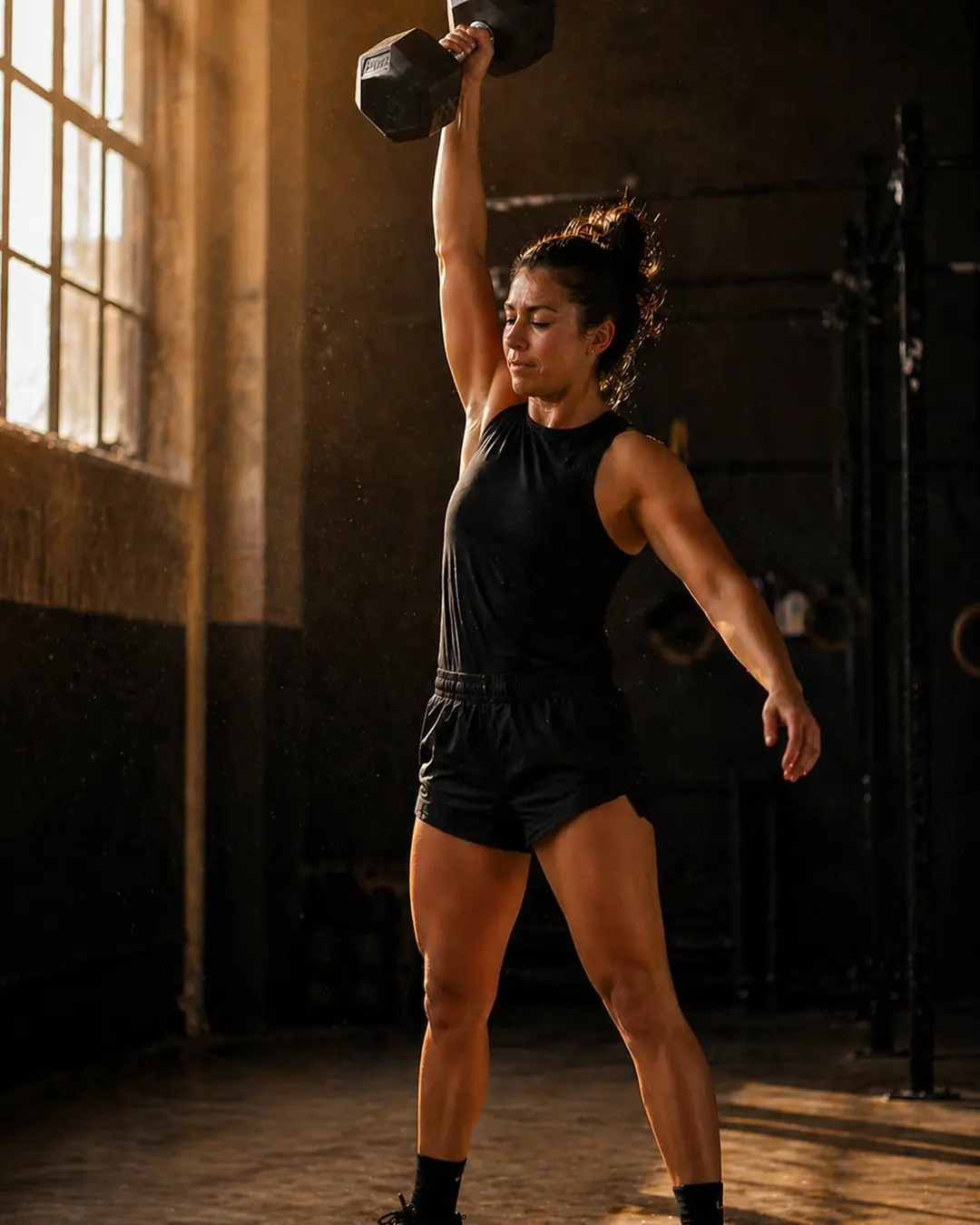 Athlète féminine en kettlebell snatch dans un gym industriel