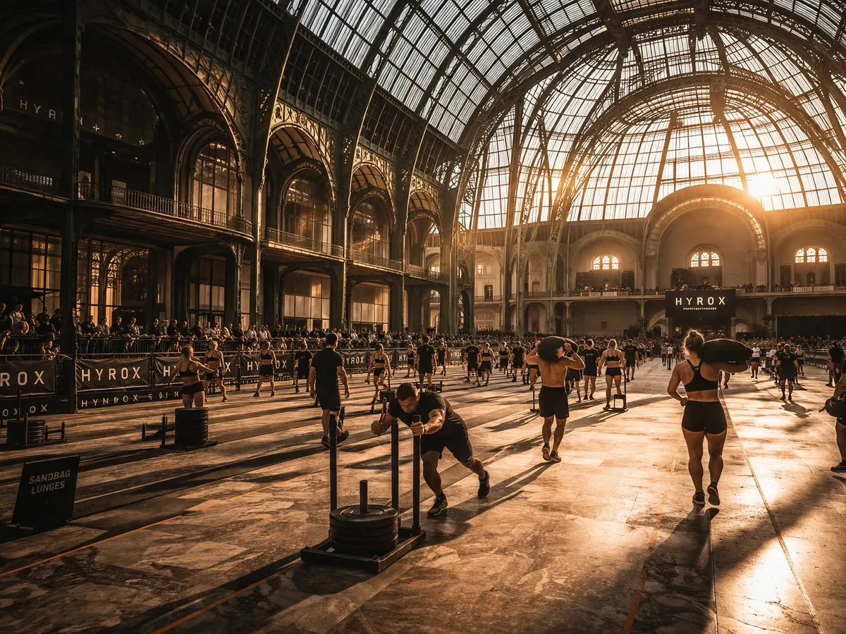 HYROX au Grand Palais à Paris, lumière dorée, athlètes en compétition