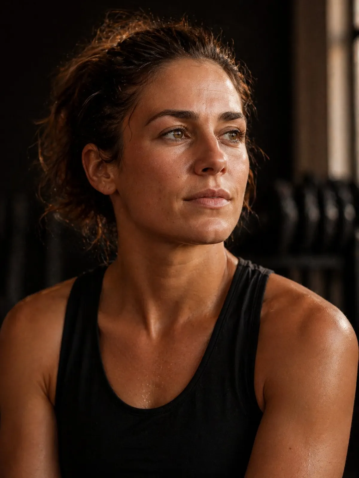 Portrait d'une athlète HYROX française, regard calme et confiant