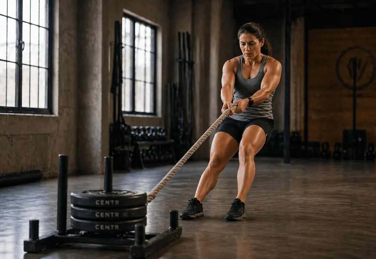 Athlète féminine en Sled Pull dans un gym industriel, lumière naturelle