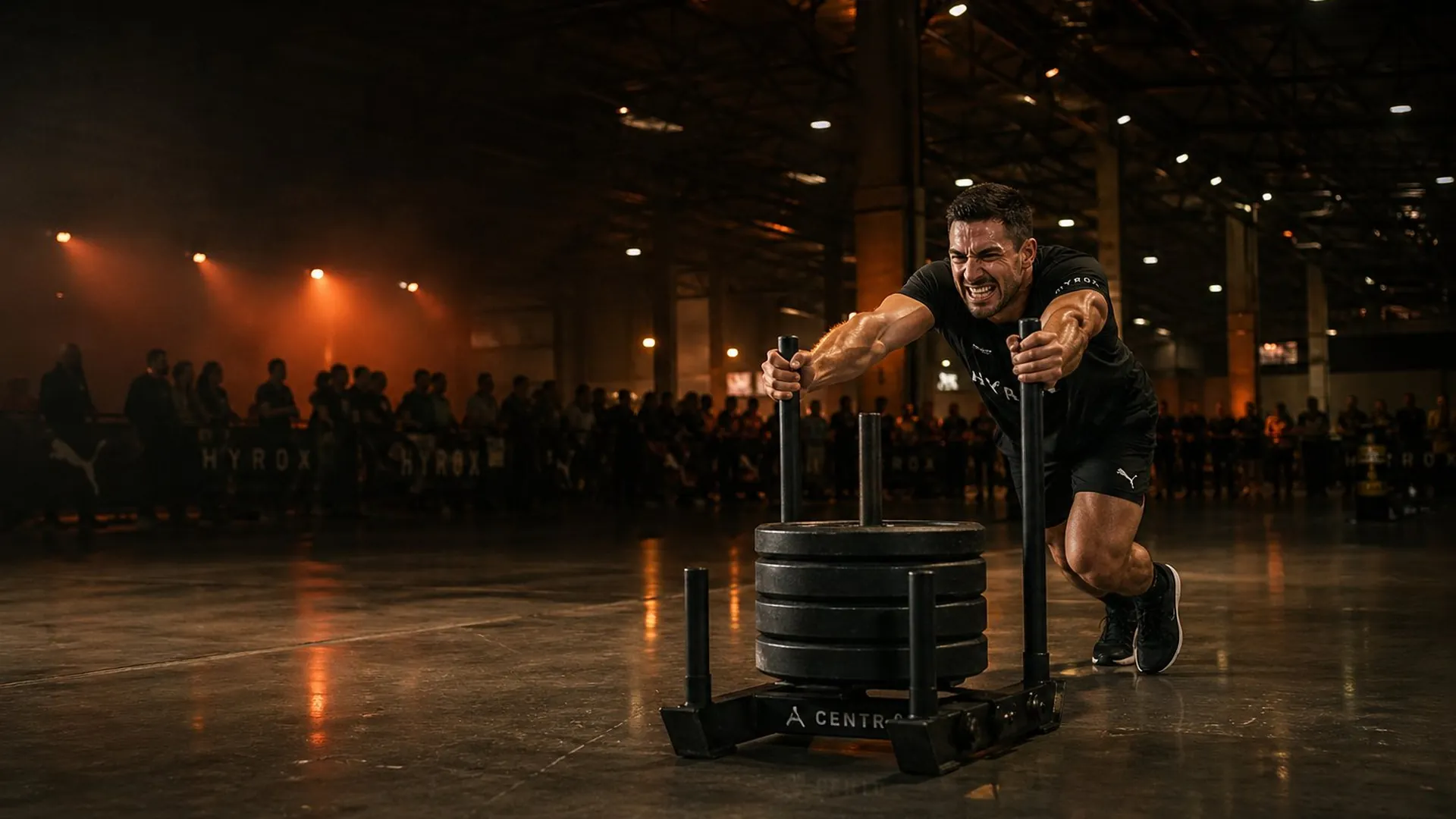 Athlète masculin lors d'une station Sled Push à une course HYROX, ambiance sombre éclairée orange