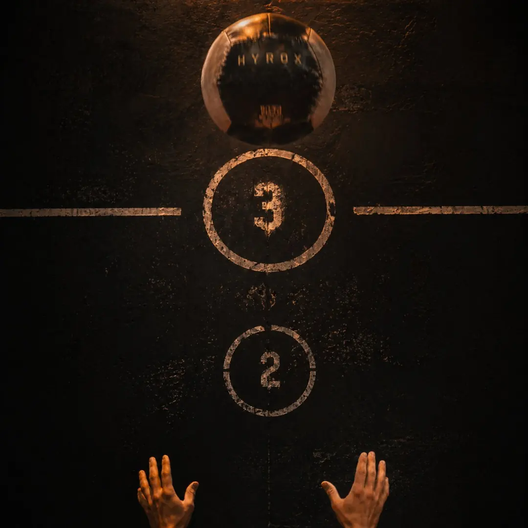 Wall ball HYROX en plein vol contre une cible peinte